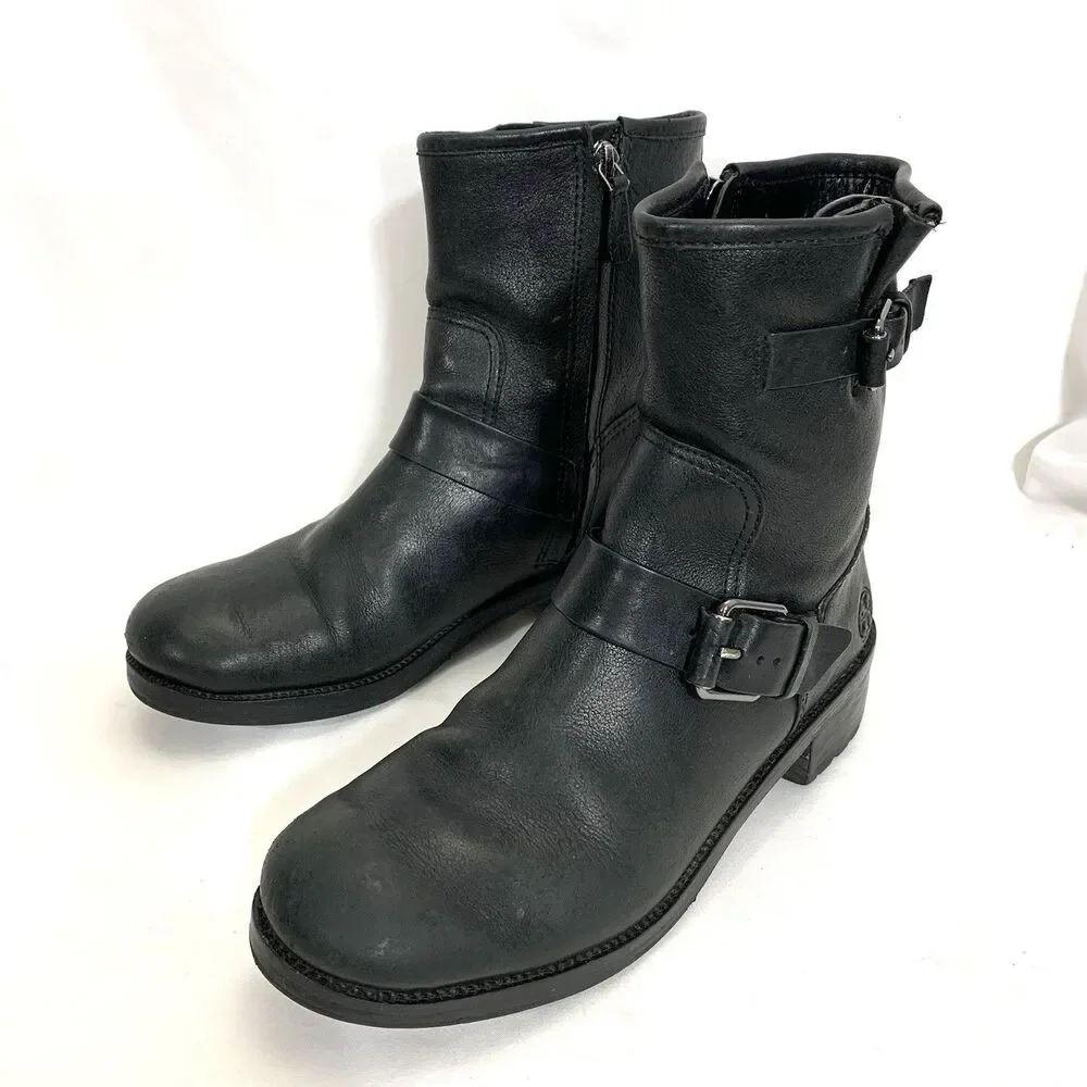 TORY BURCH LEATHER ANKLE BOOTIES BLACK ZIP-UP STRAP BUCKLE BOOTS SIZE 8.5